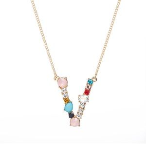 Initial Letter V Necklace with Rhinestones